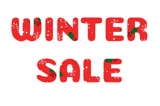 Red lettering Winter Sale decorated with candy canes and holly berries isolated on transparent or white background for advertising banner
