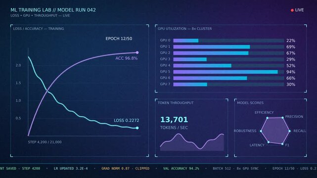 Machine learning training dashboard with loss and accuracy curves, GPU utilization bars and model performance metrics, animated data visualization