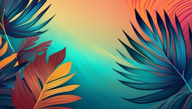 tropical leaves on abstract gradient background for summer beach vacation theme
