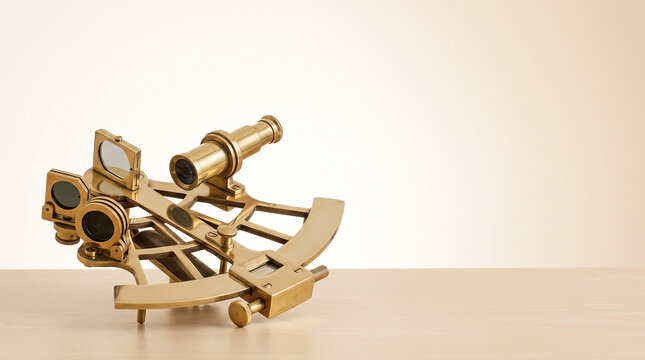 Brass sextant on a pale surface in soft light