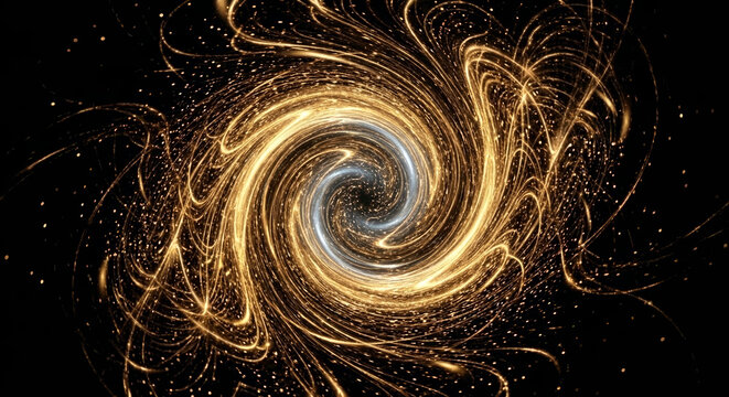 Abstract golden spiral galaxy vortex with swirling cosmic particles and glowing energy trails against dark space background