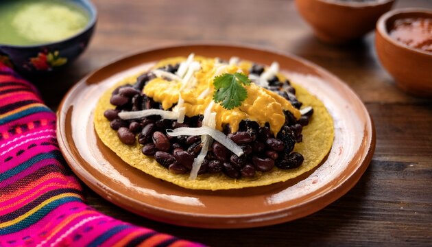 oaxacan tlayuda taco spread with black beans and quesillo eye level shot stock food photography
