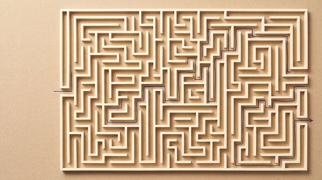 Paper maze from above with one path marked in blue