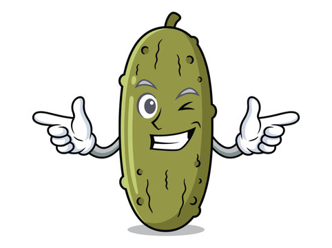 funny pixel art pickle character winking and pointing sideways for menu cover and food branding