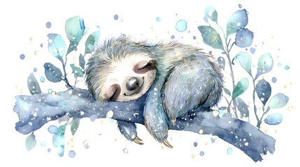 Obraz premium Cute baby sloth sleeping on tree branch in watercolor illustration. Sweet wildlife character with green leaves and golden sparkles. Adorable nursery art poster on white background.
