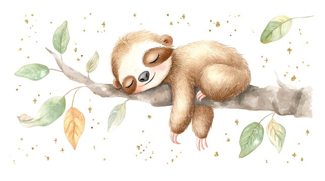 Cute baby sloth sleeping on tree branch in watercolor illustration. Sweet wildlife character with green leaves and golden sparkles. Adorable nursery art poster on white background.