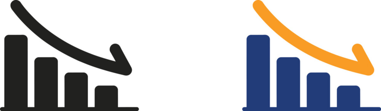 Vector arrow graph down icon, downward trend symbol for financial decline, business loss, market analysis, negative growth, statistics, and data visualization.
