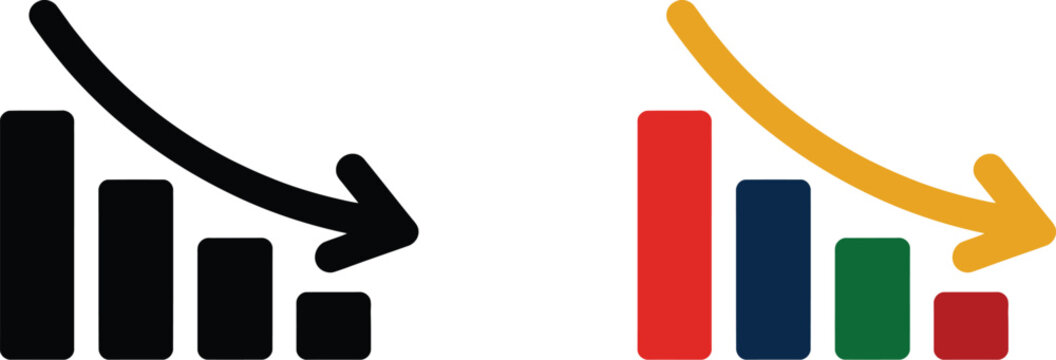 Vector arrow graph down icon, downward trend symbol for financial decline, business loss, market analysis, negative growth, statistics, and data visualization.
