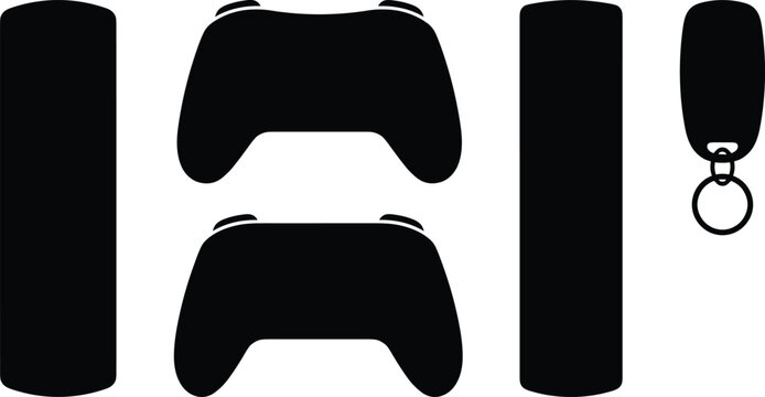 Video game console and wireless controller vector silhouette set featuring gamepad joysticks tall hardware towers and keyring fob