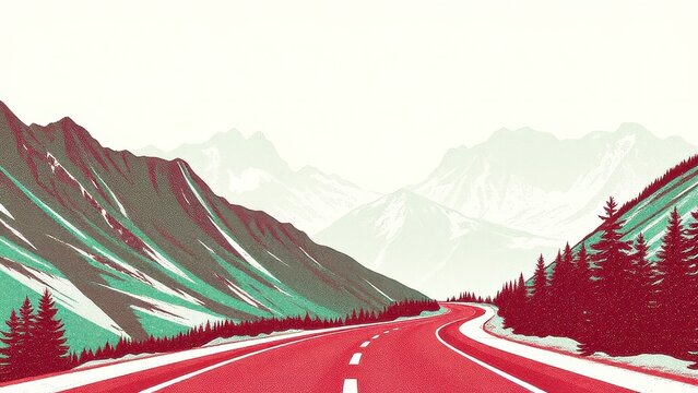 Mountain road landscape illustration with pine trees