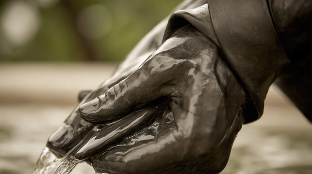 A close-up of a sculpted hand, gracefully holding water with an elegant touch.