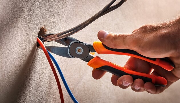 hands cutting wires for electrical repair on wall