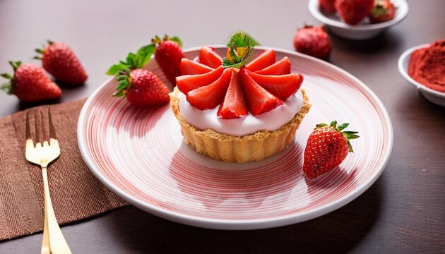 strawberry cream pie sweet cream fruity pastry snack food for teatime on plate
