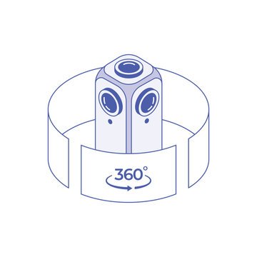 Isometric 360 degree panoramic camera icon with blue outlines