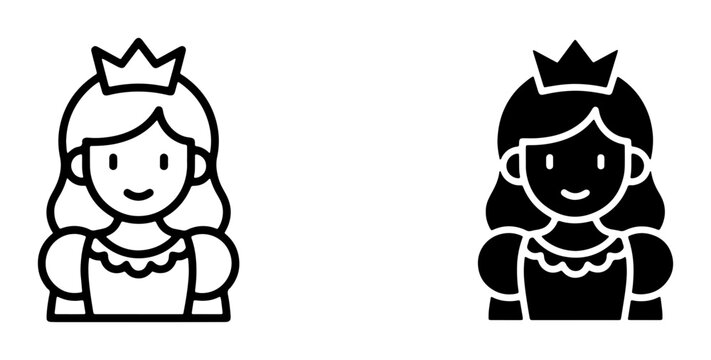 Princess Icons, Royal Character Vector Graphics, Fairy Tale Royalty Symbols, Elegant Crowned Female Avatars, Black and White Outline and Silhouette