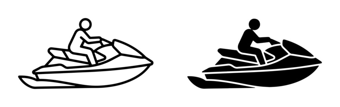 Jet Ski Icon Set, Watercraft Silhouette, Personal Watercraft Vector Graphics, Summer Recreation, Extreme Sports, Nautical Transport