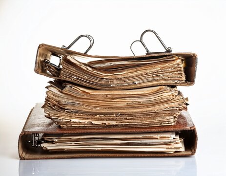 old folder with stack of old papers white background