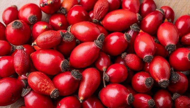 vibrant red rose hips pile close up natural texture and detail