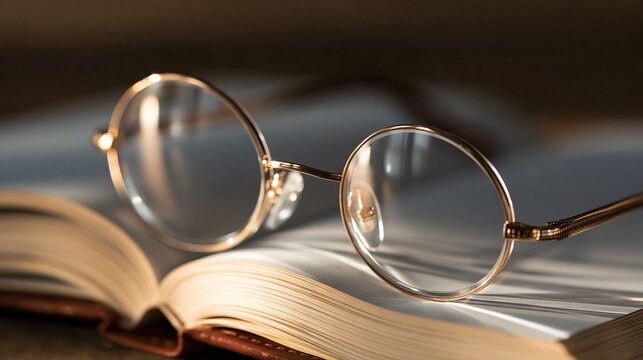 A close-up view of reading glasses resting on an open book, inviting relaxation and focus.