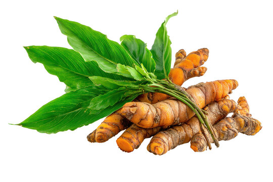 Vibrant turmeric roots with lush green leaves isolated on transparent background.