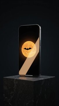Vertical spooky graveyard landscape at night with full moon, haunted church, gravestones, and Happy Halloween text