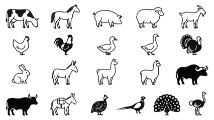 Fototapeta premium Farm animals vector icons set featuring various livestock species in simple black outline style