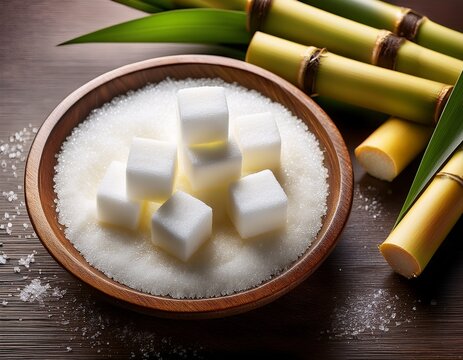 natural sugar origin concept with sugarcane and white sugar crystals