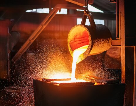 molten metal pours from ladle into mold during foundry process in bright heat