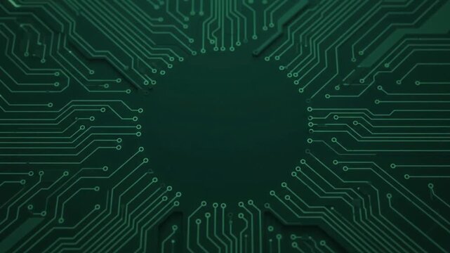 Abstract futuristic green circuit board texture with glowing electronic tracks converging in a circle