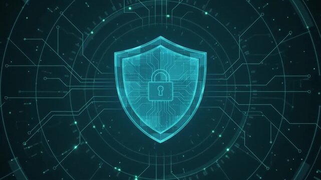 Abstract digital security shield with glowing padlock icon and circuit board pattern background concept