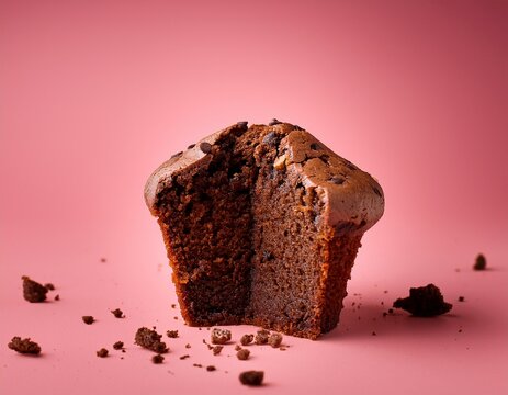 muffin chocolate baked cake half eating with crumbs isolated pink background