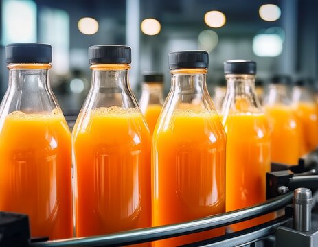 fresh orange juice bottles being filled on production line in factory