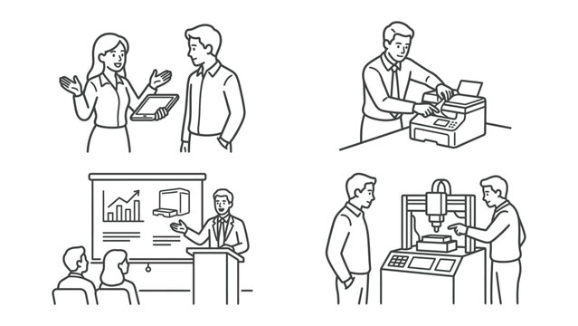 Business Meeting and Presentation: A set of four line art illustrations depicting various business activities, including a discussion with a tablet, a man using a printer.