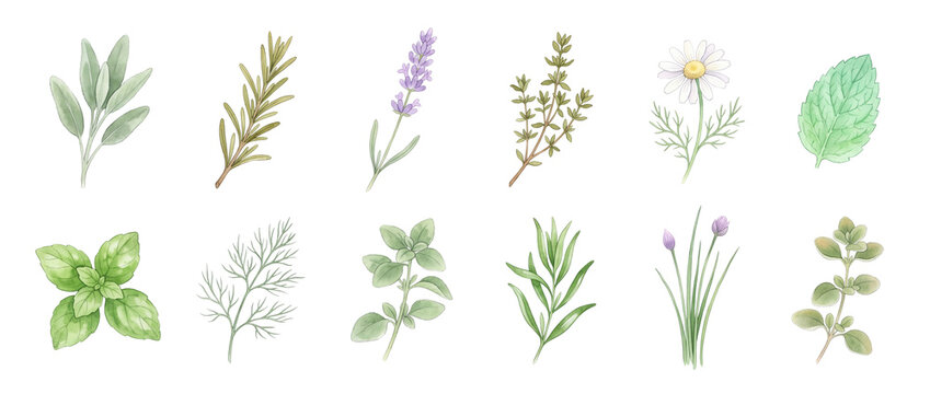 Watercolor culinary herbs botanical set featuring sage, rosemary, lavender, thyme, chamomile, basil, dill, oregano, chives, mint, isolated clipart elements for kitchen cooking design and spice pattern