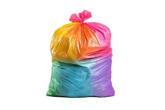 Vibrant rainbow trash bag isolated on transparent background. Colorful rainbow plastic bag with pink ribbon tie isolated on white background.