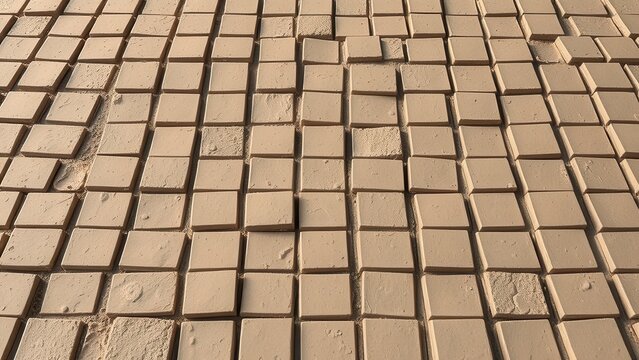 Raw clay bricks drying in the sun background pattern