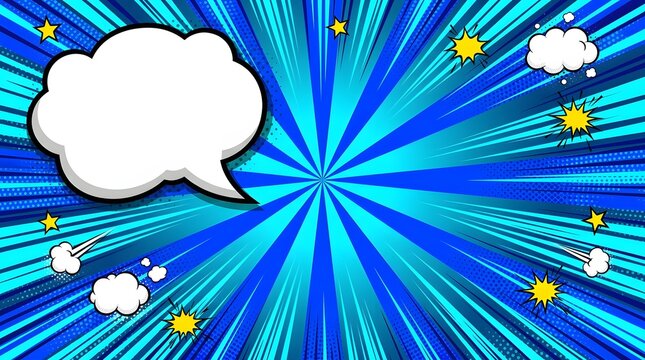 Dynamic comic style explosion with thought bubbles and starburst rays in vibrant blue