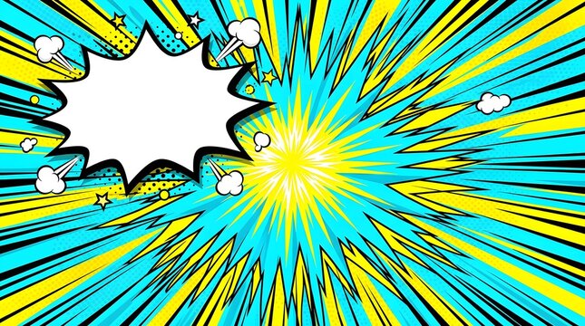 Bright comic style explosion with radiating energy beams and speech bubble
