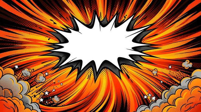 Bright comic style speech bubble  explosion with dynamic energy rays and abstract shapes