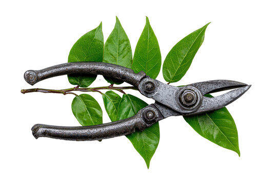 Pruning shears amidst lush green leaves isolated on transparent background. Silver pruning shears cutting fresh green mint leaves isolated on white background.
