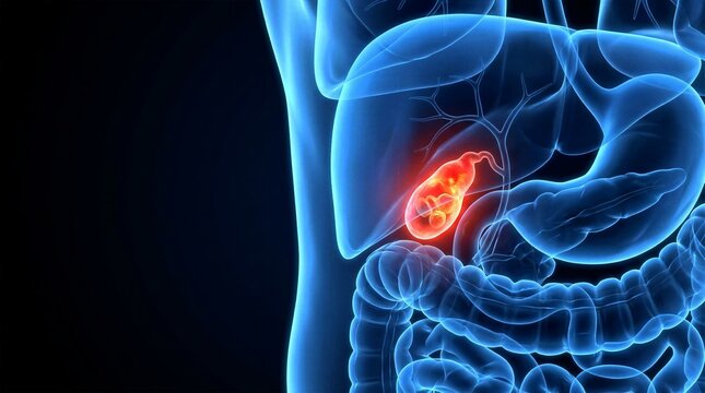 Human biliary system visualization highlighting glowing inflamed gallbladder with gallstones