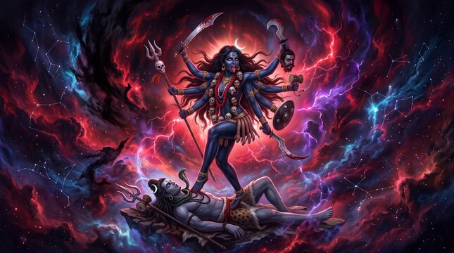 Goddess Kali standing on Lord Shiva in a fierce cosmic galaxy nebula background with lightning and weapons Banner