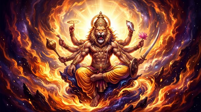 Lord Narasimha avatar sitting in a fierce pose with multi arms weapons and fiery cosmic background Banner