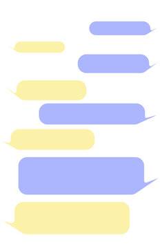 Ten alternating speech bubbles in light yellow and periwinkle purple on a white background, arranged like an instant messaging chat thread.
