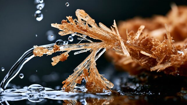 Close-up of a natural crystal formation with water droplets, showcasing intricate details.