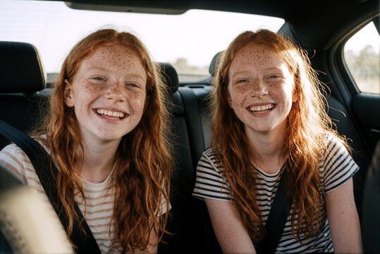 Two Redhead Girls Smiling in Car