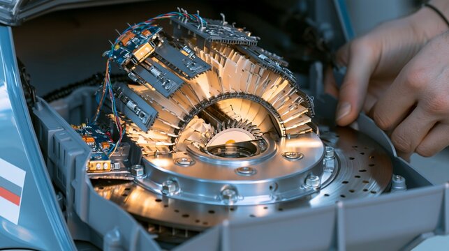 Close-up of a person working on a complex mechanical device with intricate details.
