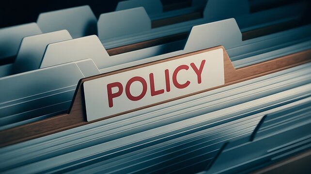 A close up of a hanging file folder with a white label that says policy in bold red letters, set in a dark office filing cabinet environment