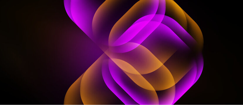 Abstract shapes overlap, creating vibrant purple, orange glow. Dark background emphasizes luminous forms, smooth gradients present.