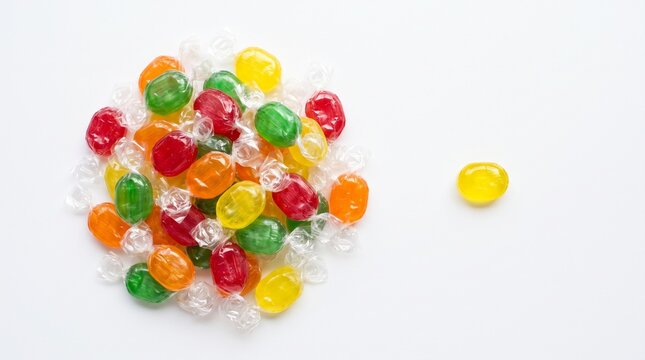 Uniqueness Concept Represented by a Single Yellow Candy Standing Out From a Pile